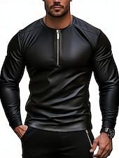 abordables camisetas basicas-Camiseta de piel sintética para hombre, manga larga, cuello redondo, ideal para invierno y primavera. &amp;Camiseta negra informal de punto de color liso para hombre, ideal para otoño y todas las