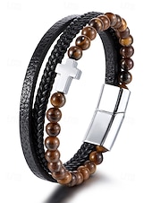 Недорогие Мужские украшения-мужской браслет с магнитной застежкой — дизайн из натурального камня и искусственной кожи, стильный и прочный, идеально подходит для повседневной носки.