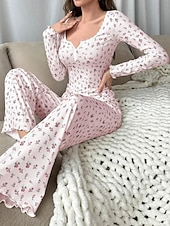  Women's Pajama Set Casual Comfort Floral Elastic Waist Pant Home Daily Long Sleeve U Neck White Yellow Pink Purple Spring Fall Regular Fit