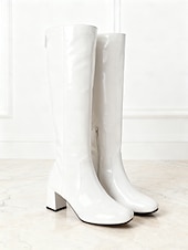 economico Stivali alla moda-stivali alti fino al ginocchio da donna in similpelle verniciata rossa - tacco spesso alla moda, chiusura con cerniera, alla moda e alla moda per tutti i giorni, le feste e le serate fuori