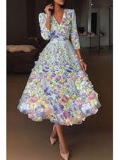  A-linje Ankellengde Cocktailkjoler Elegant Årgang Blomster Halvlange ermer V-hals Bryllup Formell Rosa kjole Sateng Blonder med Broderi Lomme