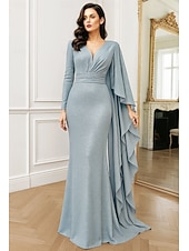 baratos Ball Gown Evening Dresses-Sheath Column Floor Length Evening Gown Ball Gown with Overskirt Formal Dress Elegant Glittering Sparkle Long Sleeve V Neck Wedding Formal Capes Lurex Fabric with Glitter Embroidery