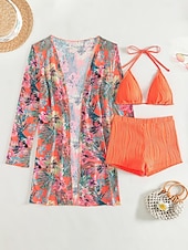 preiswerte 3-teiliges Bikini-Set-Damen Bikini 3-teilig Badeanzug Palm Shorts Bauchkontrolle Hohe Taille Slim Rückenfrei Urlaub Strandbekleidung Blumen Halterhals Ärmellose Bademode