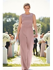 cheap Mom's Jumpsuits-3 Piece Pantsuit Floor Length Mother of the Bride Dress Sleeveless Long Sleeve Crew Neck Elegant Formal Wedding Guest Chiffon Satin with Pleats Beading