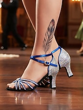 baratos Sapatos de Dança Latina-Sapatos de dança latina femininos azuis com strass - sandálias profissionais para dança de salão, salsa e tango, com design de tiras e salto brilhante para competição ou apresentações.