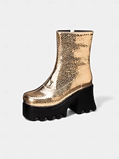 baratos Estilo Disco &amp; Hippie dos anos 70-Botas femininas prateadas metalizadas com plataforma, salto grosso e zíper - estilo disco dos anos 80, calçado moderno para festas e eventos de dança.