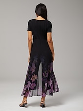 billige uformell kjole-damejumpsuit svart tencel chiffon gradient paneled imitert todelt flagrende gjennomsiktig stretch blomstertrykk v-hals fest ferie vår sommer