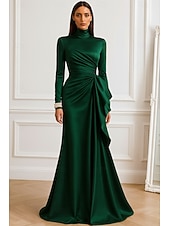 cheap Sheath Evening Dresses-Sheath Column Floor Length Evening Gown Ball Gown Formal Dress Elegant Silky Long Sleeve High Neck Wedding Formal Pocket Satin with Pleats Ruffles