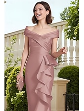 cheap Ankle Length-Sheath Column Asymmetrical Ankle Length Satin Dress Party Dress Cocktail Dress Mother of the Bride Dress Short Sleeve Off Shoulder Elegant Vintage Formal Wedding Guest Holiday Satin with Ruffles