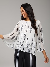 abordables camisas, tops y blusas-Blusa de mujer blanca floral, manga 3/4, suelta, cuello redondo, informal, elegante, para vacaciones, primavera, verano y otoño.