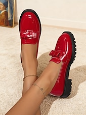 economico Slip-ons e mocassini da donna-Mocassini in ecopelle rossa da donna con dettaglio a fiocco e suola piatta spessa – Scarpe slip-on eleganti per ufficio e uso quotidiano