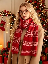 preiswerte Schals für Damen-Weihnachtsstrickschal mit Schneeflockenmuster für Damen – aus Acryl, festliches rot-weißes Muster, perfekt für Winterfeiertage und Weihnachtsfeiern