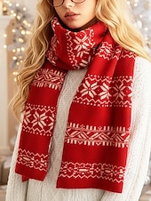 preiswerte Schals für Damen-Weihnachtsstrickschal mit Schneeflockenmuster für Damen – aus Acryl, festliches rot-weißes Muster, perfekt für Winterfeiertage und Weihnachtsfeiern