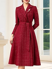 رخيصةأون طول الشاي-فستان حفلة شاي بطول A-Line، فستان كوكتيل، فستان ضيوف الزفاف، فستان والدة العروس، فستان بأكمام طويلة، ياقة على شكل V، أنيق، عتيق، حفلة رسمية مع الترتر