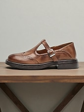 billiga Platta damskor-Bruna damskor i konstläder med brogue-detaljer, Mary Jane-skor, klassisk och bekväm stil, perfekta för arbete, vardagsutflykter och vardagsbruk.