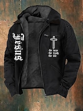 economico felpe 3d da uomo-Per uomo Felpa con cappuccio a zip intera Giacca in Pile Felpa con cappuccio in pile Nero Con Cappuccio Lettera Croce Tasca Stampato Sport &amp; Outdoor Casuale Quotidiano Poliestere Streetwear Retr