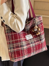 Недорогие Сумки с ручками сверху и шопперы-Женские рождественские клетчатые сумки-шопперы – большие и маленькие размеры, полиэстеровая ткань с помпонами, праздничный стиль для предпраздничного шопинга и подарков