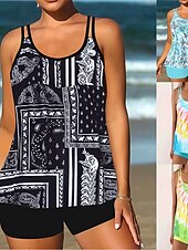 رخيصةأون مايوهات تانكيني-بدلة سباحة نسائية تانكيني قطعتين شورتات تحكم في البطن عالية الخصر نحيف بدون ظهر ملابس شاطئ إجازة مزينة بأنماط بيزلي برقبة على شكل حرف U بدون أكمام