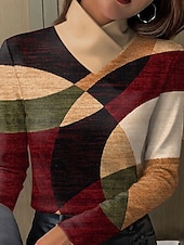 tanie Koszulka w paski i geometryczna-Damskie Podkoszulek Nadruk Graficzny Geometryczny Abstrakcja Elegancja Zabytkowe Elegancki Długi rękaw Golf Zwykłe topy Codzienny Niebieski Pomarańczowy Zielony Szary Wiosna Jesień Zima