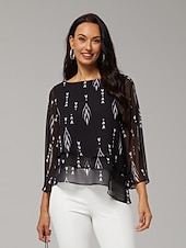 baratos camisas, tops e blusas-Blusa feminina preta floral manga 3/4 solta gola redonda casual elegante férias primavera verão outono