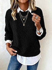 preiswerte Einfarbige Farben-Damen Pullover Lässig Weich Einfarbig Gerippt Rundhalsausschnitt Gestrickt Langarm Crop Tops Stricken Outdoor Täglich Wochenende Blau Schwarz Herbst Winter