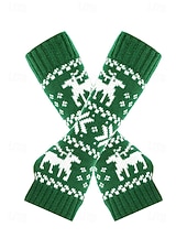 billiga Damhandskar-Stickade fingerlösa julvantar för kvinnor, röda och vita Fair Isle-renmönster, julvantar för vinterfester och festliga evenemang