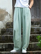 voordelige Damesbroeken en rokken-Dames Imitatie katoenlinnen Broek Zomerbroek Wijde broek Vakantie Vintage Etnische stijl Volledige lengte Hoge taille Inelastisch Strand Straat Causaal Bean Green Ruwe hennep kleur Zwart Marineblauw