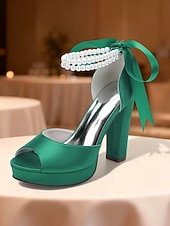 baratos Sandálias de Plataforma-Sandálias femininas de salto alto plataforma em cetim roxo com tira de pérolas no tornozelo - sapatos de festa glamorosos de bico aberto para eventos noturnos, casamentos e coquetéis.