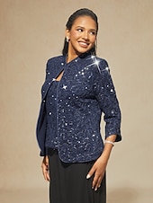 お買い得  レディースブラウススーツ-女性用 ブラウス ドレッシーなトップス ツインセット スパンコール レース ペーズリー エレガント パーティー 七分袖 スタンドカラー セミフォーマル フォーマルウェア カクテルの服装 ネイビーブルー 春 秋 冬