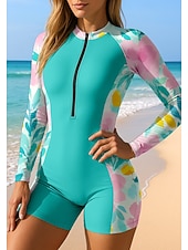 economico Rash Guards Interi-Per donna Standard Top sottomuta Costume da bagno Costumi da bagno sportivi Floreale Con zip Imbottitura rimovibile Cerniera Frontale Protezione Solare UV UPF50+ Ultra Leggero (UL) Manica Lunga