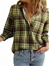 abordables T-shirt rayé et géométrique-Femmes Chemisier Hauts Élégants Boutons Plaid Uni Élégant ancien Classique manche longue Col en V Hauts Réguliers Quotidien Travail Fête Noir Rouge bleu marine Vert Automne Hiver