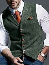  gilet da uomo in tweed, gilet, moda vintage, primavera e autunno, bottoni, misto lana, comodo, semplice, monopetto, scollo a V, vestibilità regolare, verde scuro, blu navy, grigio scuro, grigio chiaro.