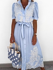 preiswerte Einfaches Kleid-Damen Midikleid Sommerkleid Urlaub Lässig Boho Ausgehen Normale Passform Blumen Kurzarm Umlegekragen Blau Weiß Weiß Sommer Frühling