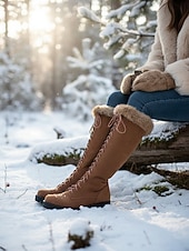 cheap Snow &amp; Winter Boots-Women's Brown Lace-Up Fur Lined Boots - Knee-High Winter Boots with Warm Faux Fur Collar for Outdoor Snow and Holiday Wear
