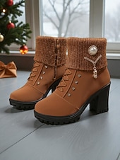 baratos Botas de neve e inverno-Botas femininas marrons de cano curto com salto alto – botas de inverno de couro sintético com cadarço, punhos de tricô e detalhes em pérola, perfeitas para o Natal e looks do dia a dia.
