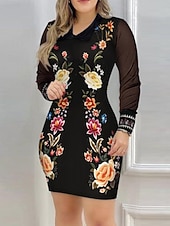 abordables Robes fleuries-Femmes Mini Robe Robe fourreau Occasionnel Extérieur Sortir Coupe Slim Fleuri Tournesol manche longue Col en V Jaune / Noir Noir Jaune Printemps Automne