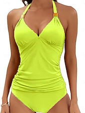 Недорогие Монокини-Купальник для женщин цельный с эффектом похудения рюшами сексуальный с вырезом монокини контролем живота высокой талией стройный без спинки для отдыха на пляже однотонный цвет с завязками на шее без