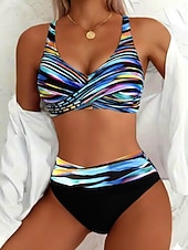 economico Bikini-Costume da bagno da donna bikini a 2 pezzi con vita alta moda vacanziera grafica a righe collo V costumi da bagno senza maniche