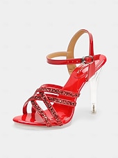 baratos Sandálias de salto-Sandálias femininas vermelhas de salto agulha com tiras e detalhes transparentes - sapatos de festa elegantes e brilhantes para o Ano Novo e eventos de fim de ano. &amp;noite fora