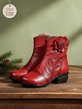 رخيصةأون جزمة الكاحل-حذاء نسائي من الجلد الأحمر بكعب متوسط وتطريز زهور - حذاء قصير كلاسيكي بكعب متوسط للملابس الكاجوال والأنيقة