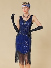baratos Vestidos dos anos 1920-Conjunto Loucos anos 20 Anos 20 Até os Joelhos Vestidos Vestido melindroso Roupa com acessórios Sem Mangas O Grande Gatsby charleston Paetês Franjas Pena Decote V Fantasia Mulheres Carnaval Ano Novo