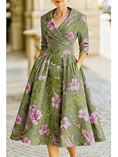 baratos Comprimento do chá-Linha A Longuette Vestido de festa Vestido Coquetel Vestido de convidada de casamento Vestidos de noite Elegante Vintage Manga 3/4 Colarinho de Camisa Casamento Formal Jacquard com Bolsos