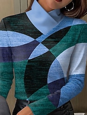 tanie Koszulka w paski i geometryczna-Damskie Podkoszulek Nadruk Graficzny Geometryczny Abstrakcja Elegancja Zabytkowe Elegancki Długi rękaw Golf Zwykłe topy Codzienny Niebieski Pomarańczowy Zielony Szary Wiosna Jesień Zima