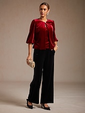 levne Jednoduché blůzy-Vánoce Dámské Samet Tlačítko nahoru Oblečené topy Elegantní Večírek 3/4 délka rukávu Nahoře nabírané Tričkový Běžné topy Párty večerní šaty Dovolená Párty oblečení Fialová Jaro Podzim Zima