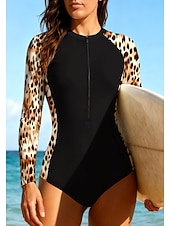 baratos Rash Guards de Uma Peça-Mulheres Segunda-pele para Mergulho Roupa de banho Conjunto de maiô Leopardo Zip Up UPF50+ Secagem Rápida Leve Manga Longa Camisa de Natação Surfe Praia Esportes Aquáticos Verão