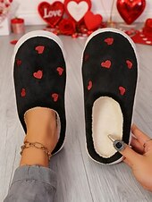 cheap Valentine's Day-Women's White Plush Fleece Slippers with Red Heart Embroidery – Warm Fluffy Thick Sole House Shoes for Bedroom, Valentine's Day &amp; Gifts