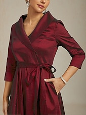 abordables Robe Simple-Robe longue fourreau en taffetas pour femme, avec poches, élégante, idéale pour un mariage, une soirée ou une réception. Coupe classique, couleur unie, manches 3/4, col en V, rouge, printemps,