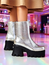 baratos Estilo Disco &amp; Hippie dos anos 70-Botas femininas prateadas metalizadas com plataforma, salto grosso e zíper - estilo disco dos anos 80, calçado moderno para festas e eventos de dança.