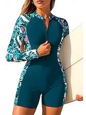 baratos Rash Guards de Uma Peça-Mulheres Padrão Anti Atrito Maiô de surfe de uma peça Roupa de banho Floral Tropical Bloqueio de cores Zip Up Com sutiã embutido Bojo Removível Proteção Solar UV UPF50+ Ultra Leve (UL) Manga Longa