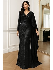 baratos Ball Gown Evening Dresses-Sheath Column Floor Length Evening Gown Ball Gown with Overskirt Formal Dress Elegant Glittering Sparkle Long Sleeve V Neck Wedding Formal Capes Lurex Fabric with Glitter Embroidery